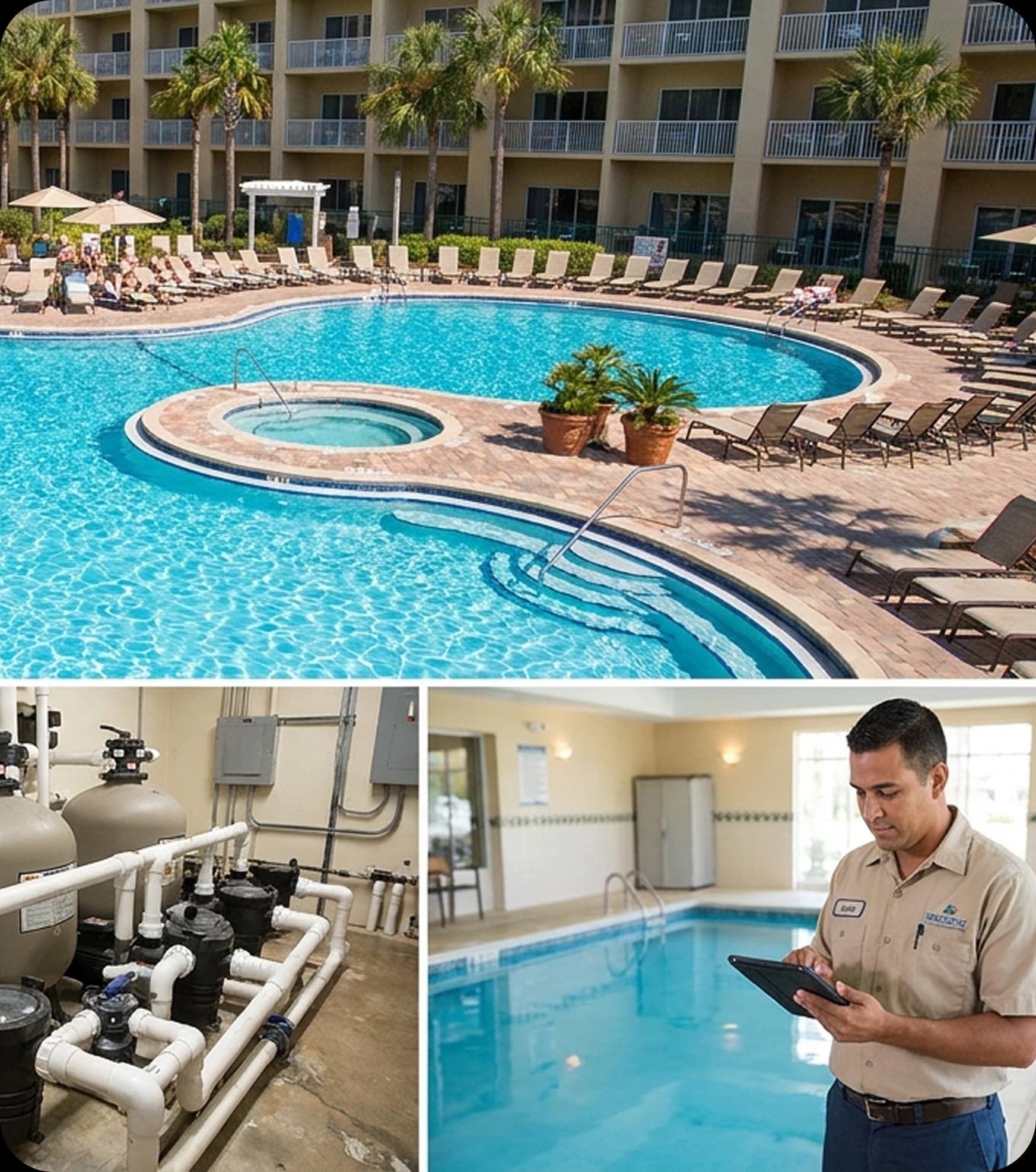 Aerial view of a hotel resort pool with connected automation